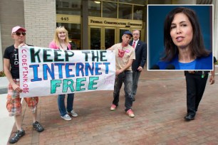 FCC Chair Jessica Rosenworcel and protesters