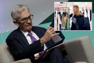 Fed Chair Jerome Powell and shopper at clothing store