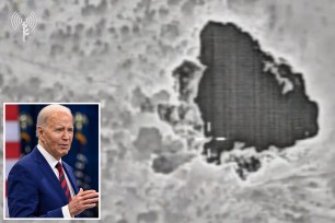 A black and white video still of a large explosion seen from above, with a small inset image of President Joe Biden.