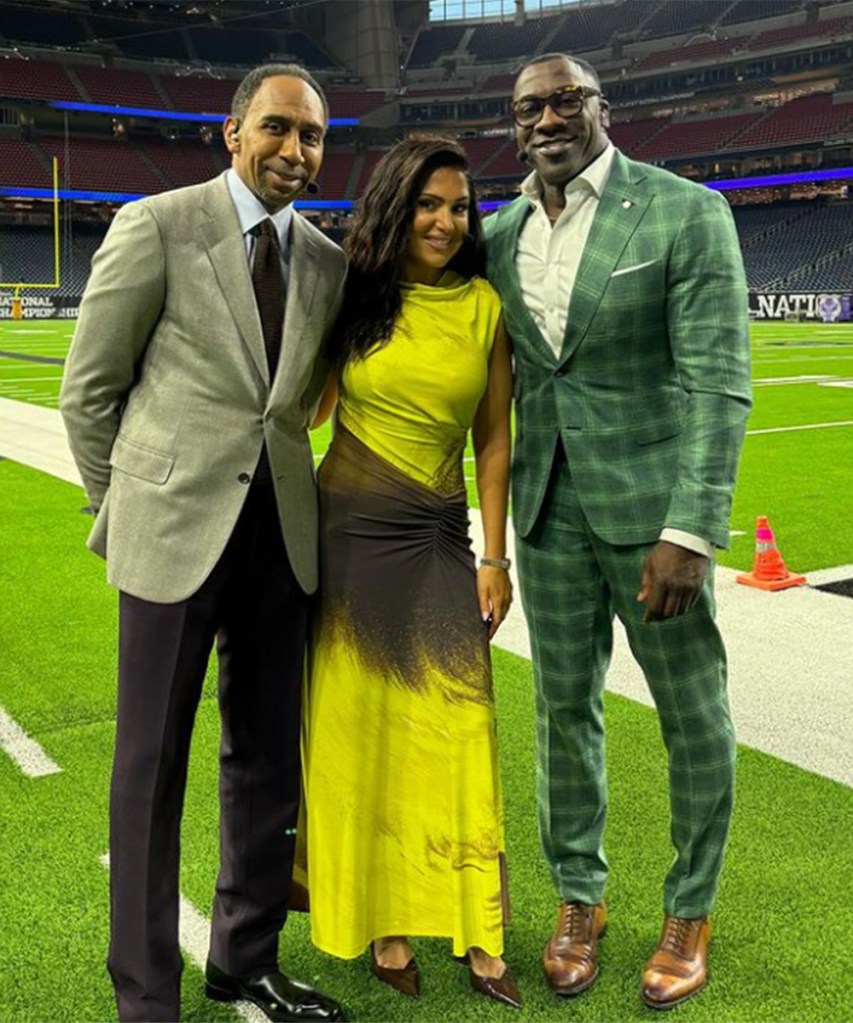 (L-R) Stephen A. Smith, Molly Qerim and Shannon Sharpe at the College Football National Championship Game in Houston, Texas in January 2024. 