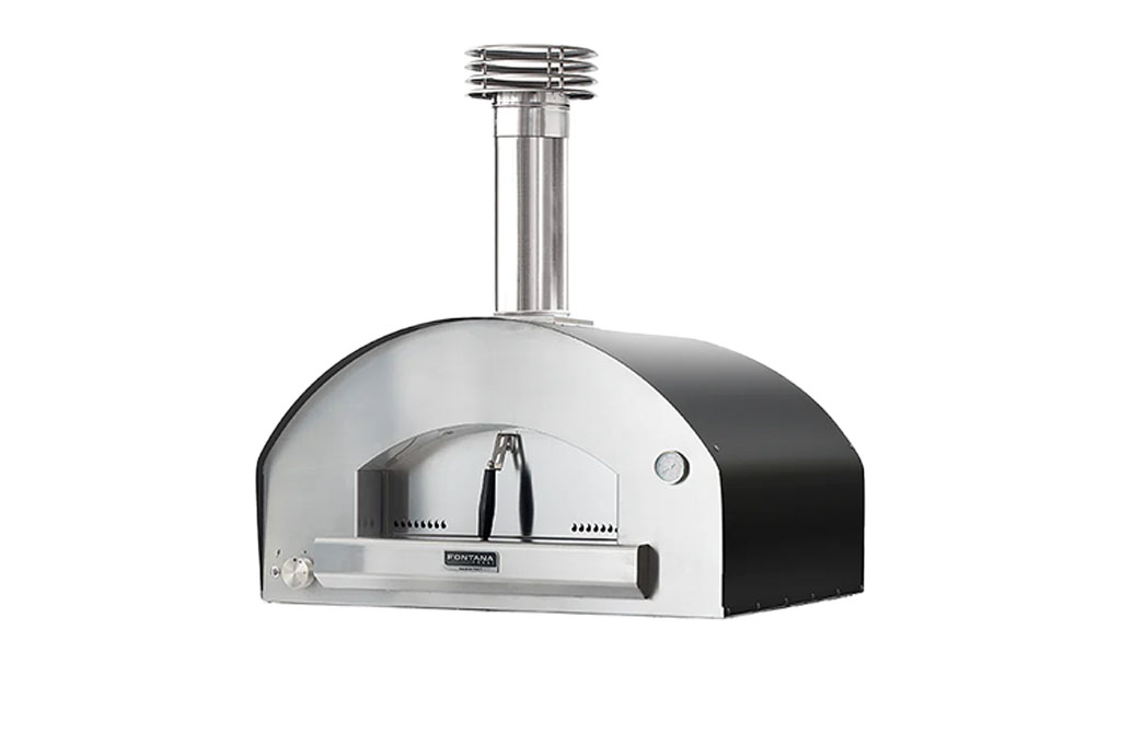 A black and silver oven named Fontana.