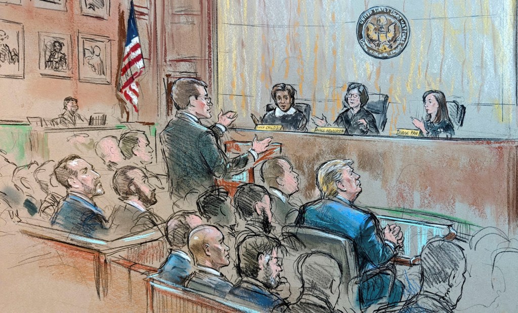 Former U.S. President Donald Trump is seen as Justice Department special counsel Jack Smith speaks during an appeals hearing on Trump's claim of immunity in the federal case accusing him of illegally attempting to overturn his 2020 election defeat, in this courtroom sketch in U.S. District Court in Washington, U.S., January 9, 2024.