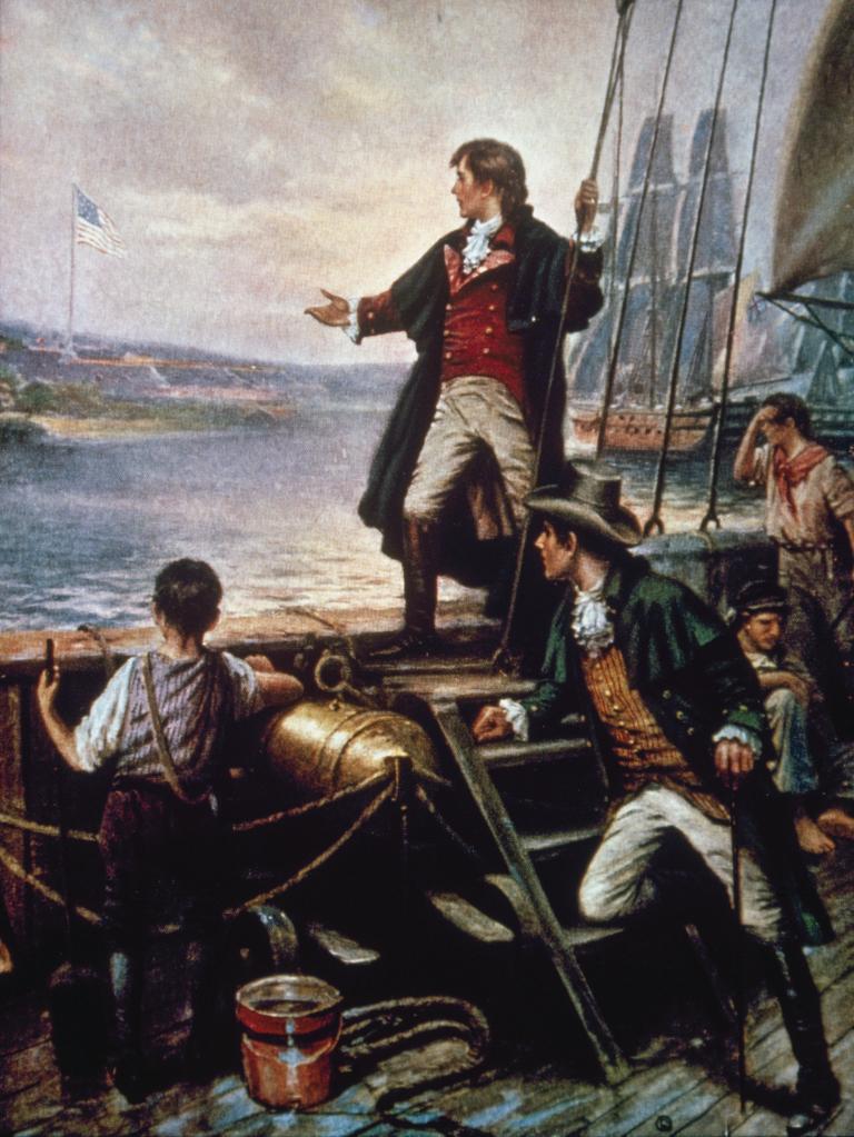 By Dawn's Early Light: Francis Scott Key, author of the American national anthem, and Colonel John Skinner watching the American flag flying on Fort McHenry after the British bombing, September 14, 1814.