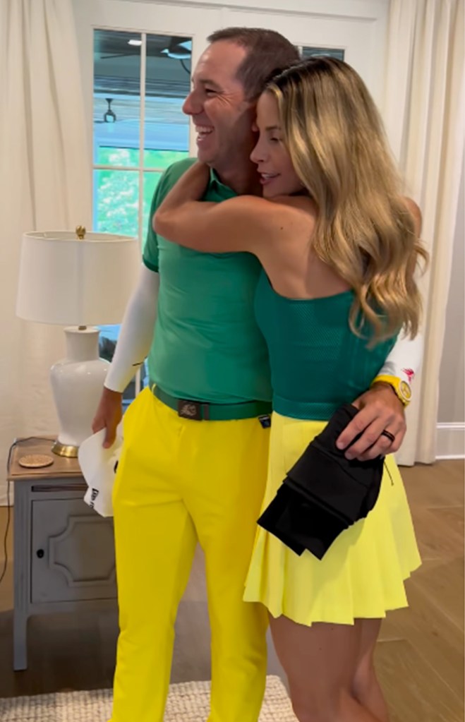 Sergio Garcia and wife Angela model matching outfits before the 2024 Masters.