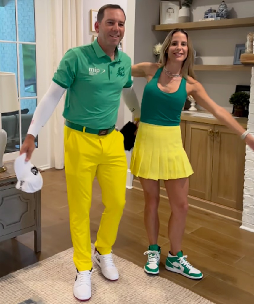 Sergio Garcia and wife Angela model matching outfits before the 2024 Masters.