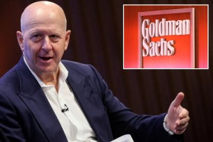 Goldman Chairman and CEO David Solomon and bank logo