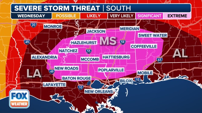 This graphic shows the severe weather threat on Wednesday, April 10, 2024.