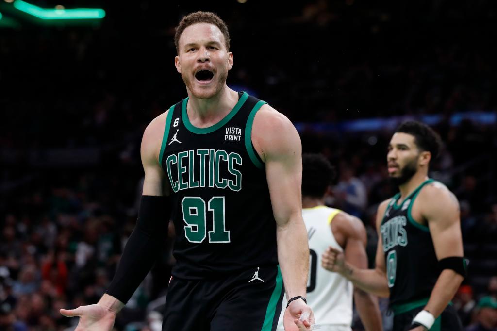 Blake Griffin, wearing Boston Celtics jersey number 91, reacting during a game against the Utah Jazz