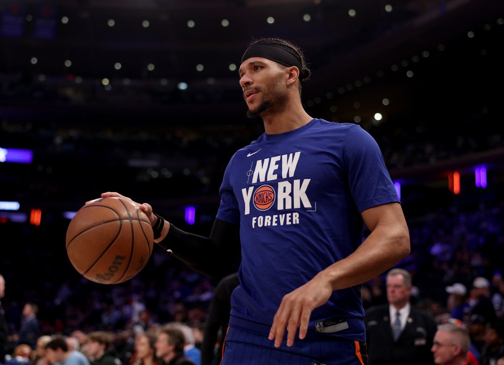 Josh Hart #3 of the New York Knicks warms up before the game against the Chicago Bulls at Madison Square Garden on April 14, 2024 in New York City. 