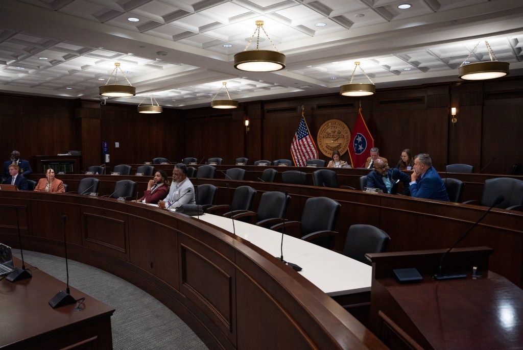 Representatives chairs sit empty after GOP members left the Civil Justice Committee leaving democratic colleagues to sit alone as gun reform activists chanted and shouted in House Hearing room one at the Cordell Hull building in Nashville, Tennessee, U.S., April 9, 2024. 