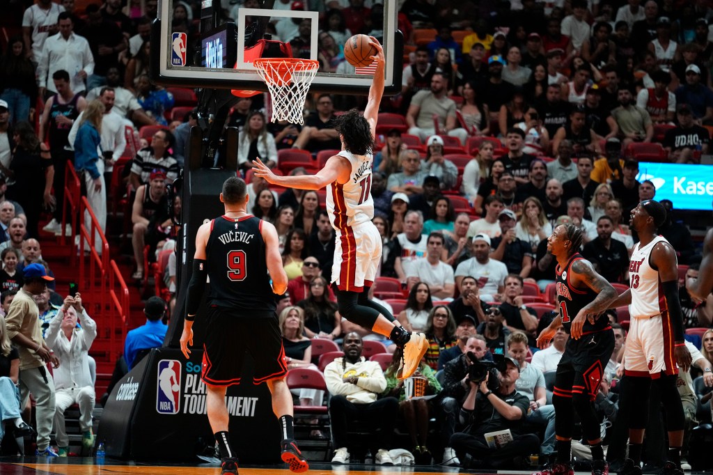 Jaime Jaquez Jr. dunks for two of his 21 points against the Bulls on Friday.