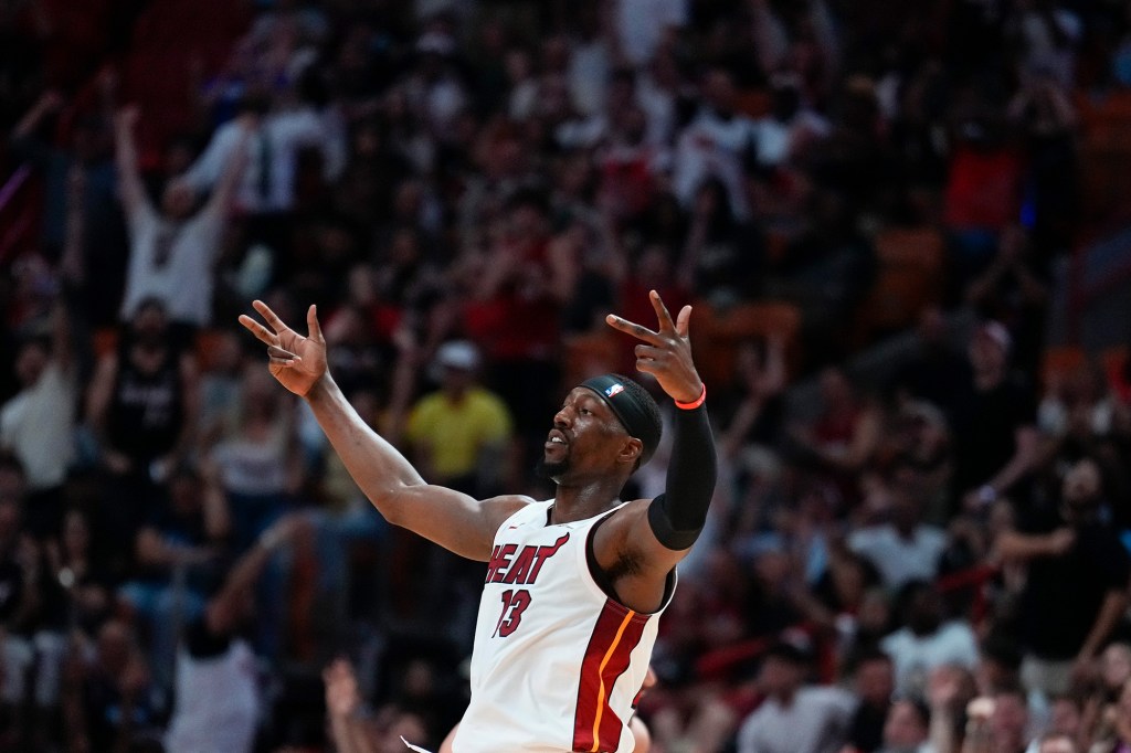 Bam Adebayo celebrates during the Heat's win against the Bulls on Friday.