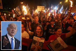 collage of protesters and netanyahu