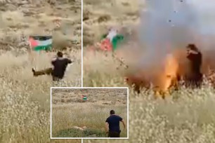 An Israeli man miraculously suffered only light injuries when he was caught by an explosive booby trap after he kicked down a Palestinian flag planted near the West Bank