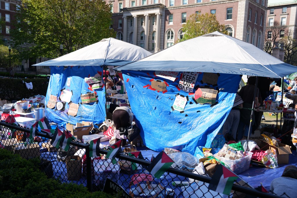 Items at a food and supply tent at a pro-Palestinian encampment on the lawn of Columbia University