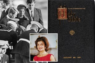 composite image: left, black and white image of jackie kennedy at her husband's graveside; right the bible with its black cover and gold writing; inset jackie kennedy 1960 smiling looking at the camera wearing a red sleeveless dress aned large white pearls