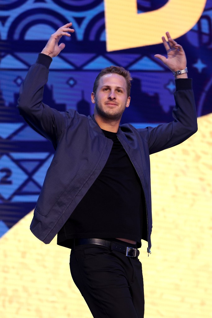 Jared Goff walks onstage during the 2024 NFL Draft in Detroit on April 25, 2024.