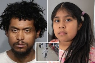 composite image: the accused attacker, left; the 9yr old victim in pigtails, staring into the camera, right; inset surveillance image of the accused attacker running away