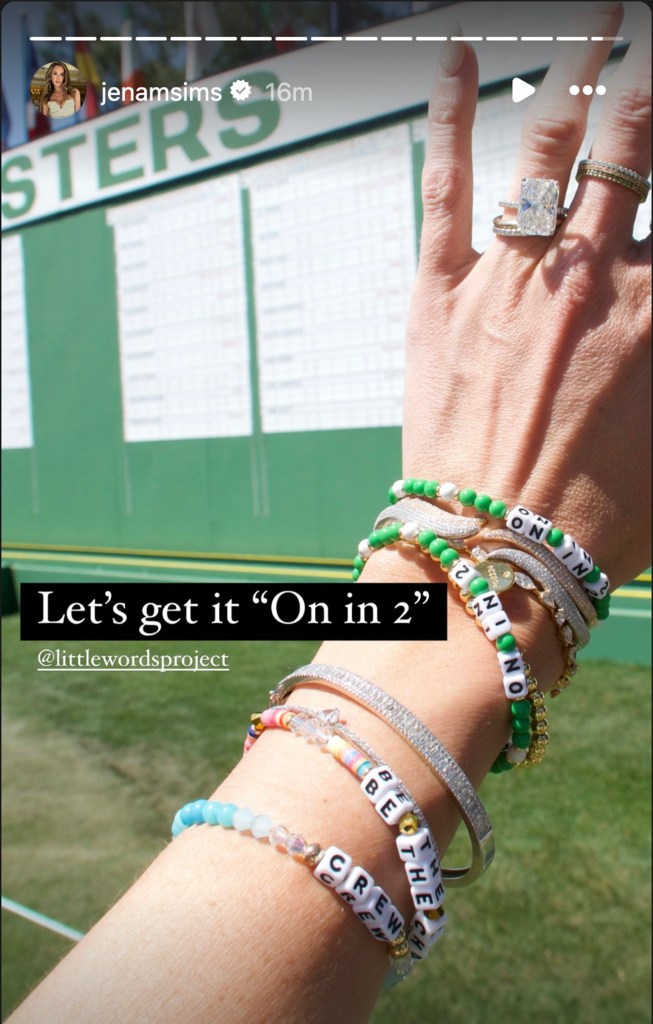Jena Sims shows off her "On in 2" bracelet at the 2024 Masters.