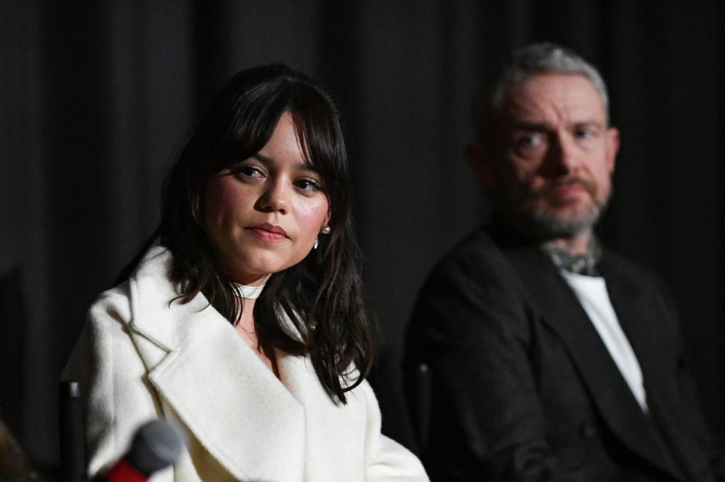 Jenna Ortega and Martin Freeman speak onstage during the screening of "Miller's Girl" at the Palm Springs International Film Festival on January 11, 2024.