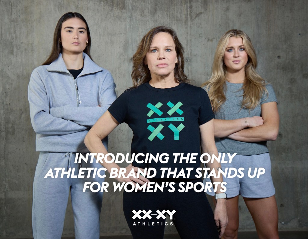 Paula Scanlan, Riley Gaines and Jennifer Sey in an ad for XX-XY Athletics.