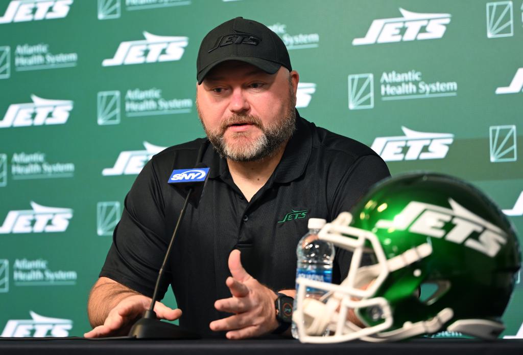 Jets general manager Joe Douglas speaks to the media in Florham Park, NJ