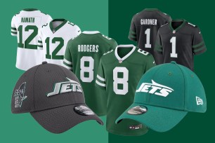 A group of sports jerseys and hats