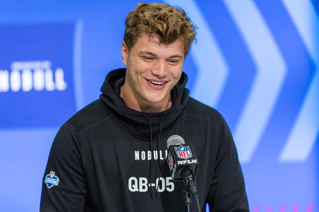 J.J. McCarthy #QB05 of the Michigan Wolverines speaks to the media during the 2024 NFL Draft Combine at Lucas Oil Stadium on March 01, 2024 in Indianapolis, Indiana. 