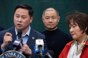 NYS Senator John Liu (thinning hair), Assembly Member Ron Kim (blue suit) and other politicians held a press event in front of Dr. Young Seh Bae's (orange overcoat) now renovated house at 45-43 Francis Lewis Boulevard in Flushing, NY on April 10, 2024.