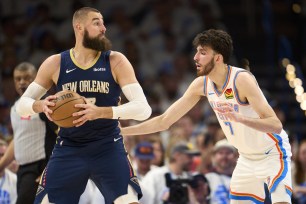 Jonas Valanciunas and the Pelicans take on the Thunder in Game 2 of their first-round series.