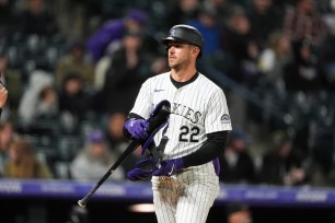 Rockies outfielder Nolan Jones reacts after striking out against the Diamondbacks on April 9.