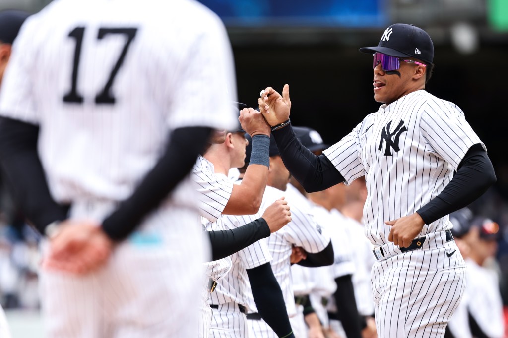 Soto #22 of the New York Yankees is introduced before the game against the Toronto Blue Jays