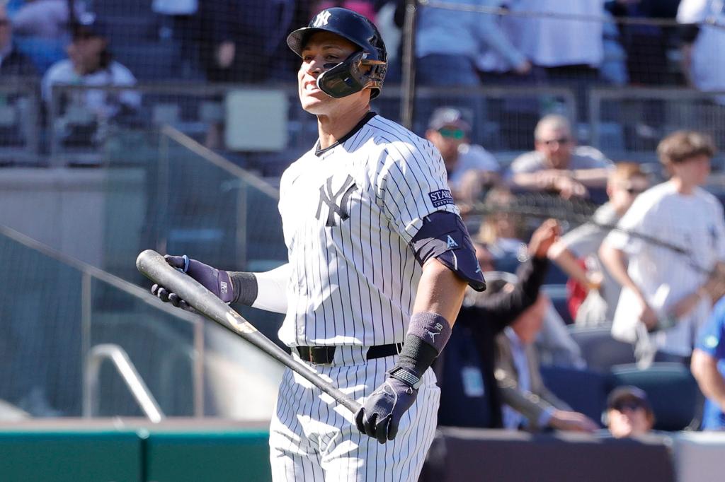 Aaron Judge #99 of the New York Yankees reacts after he strikes out swinging during the 9th inning. The Oakland Athletics defeat the New York Yankees 2-0. 