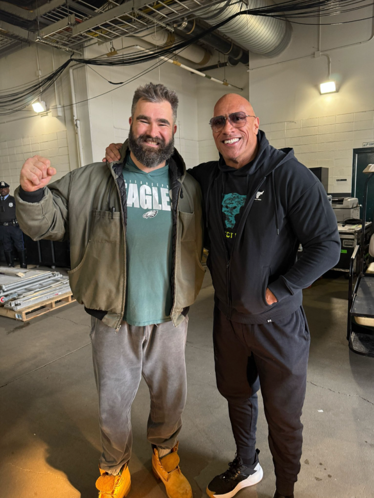 Jason Kelce meets with The Rock before WrestleMania 40 in Philadelphia.