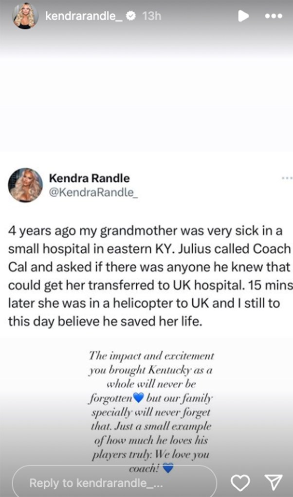 Kendra Randle shared a sweet story involving John Calipari on social media over the weekend.