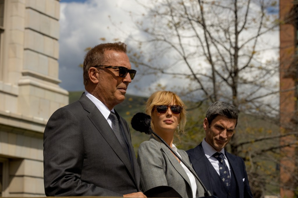 Kevin Costner, Kelly Reilly and Wes Bentley in the Season 5 opener of "Yellowstone."