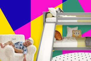 A boy lying on a couch next to a bunk bed