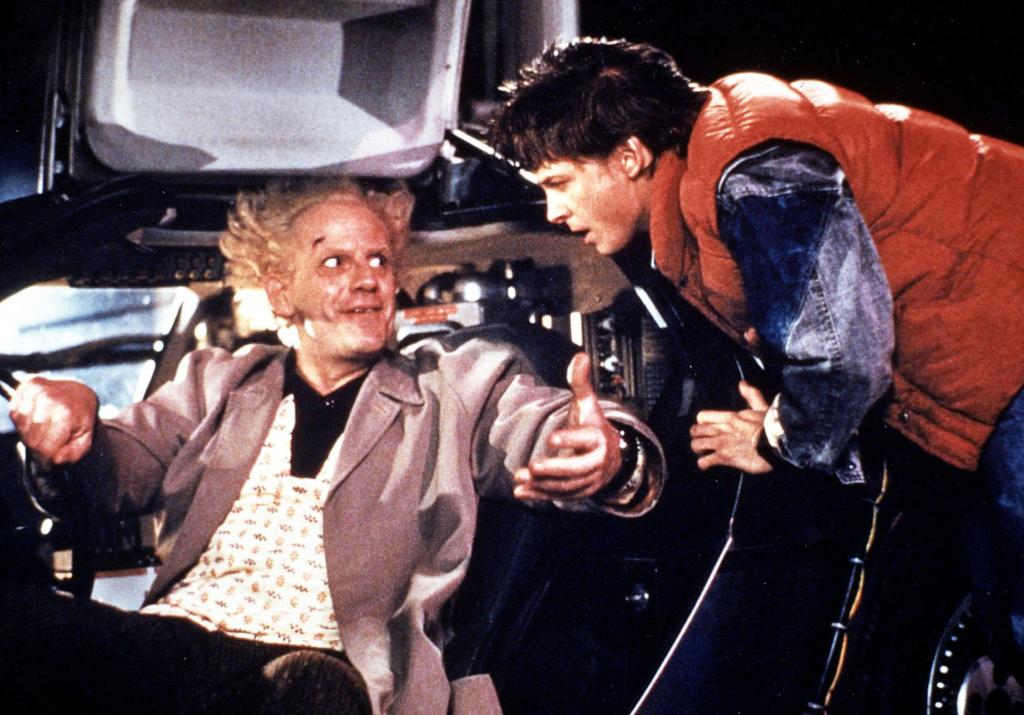 Michael J. Fox and Christopher Lloyd in a scene from the 1984 movie 'Back to the Future'.