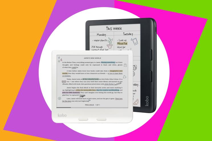 Two rectangular electronic devices, specifically Kobo Libra eReaders