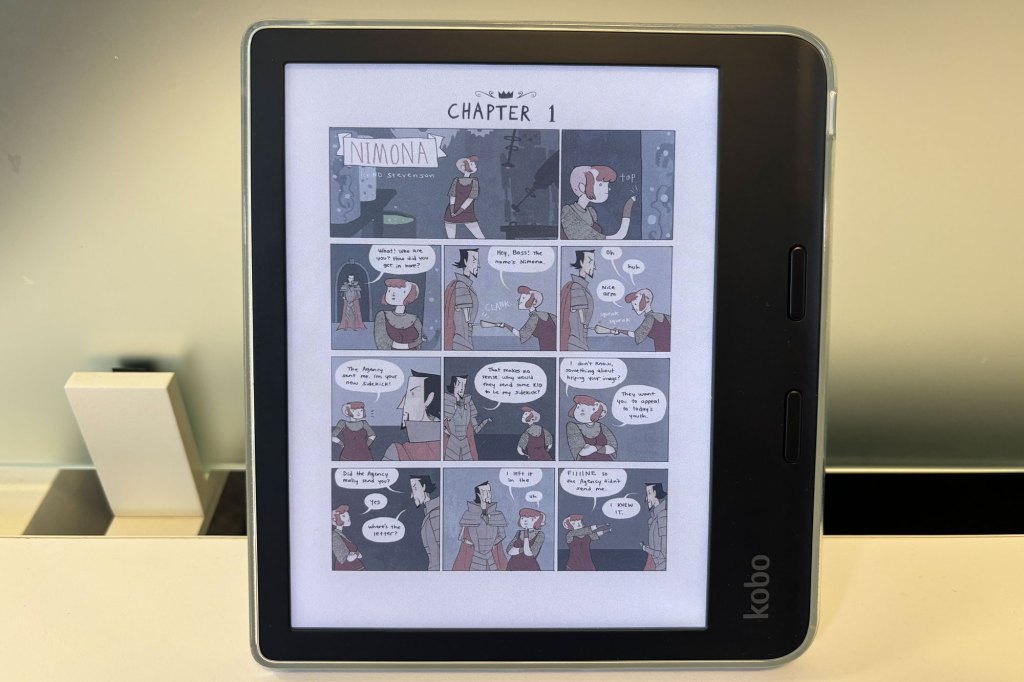 A tablet displaying a page from the Nimona comic series