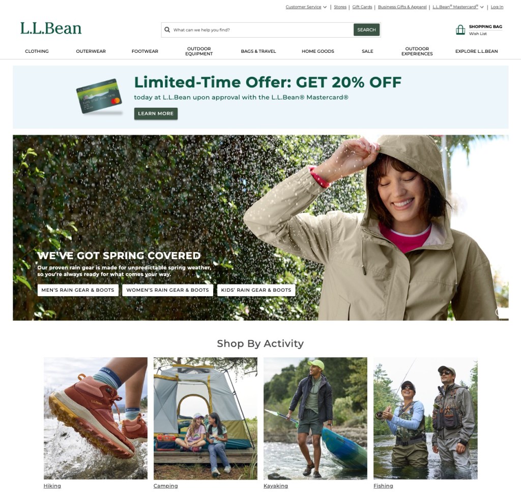 Screenshot of L.L. Bean's online store homepage, emphasizing its e-commerce performance