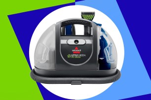 A blue and white circular vacuum cleaner