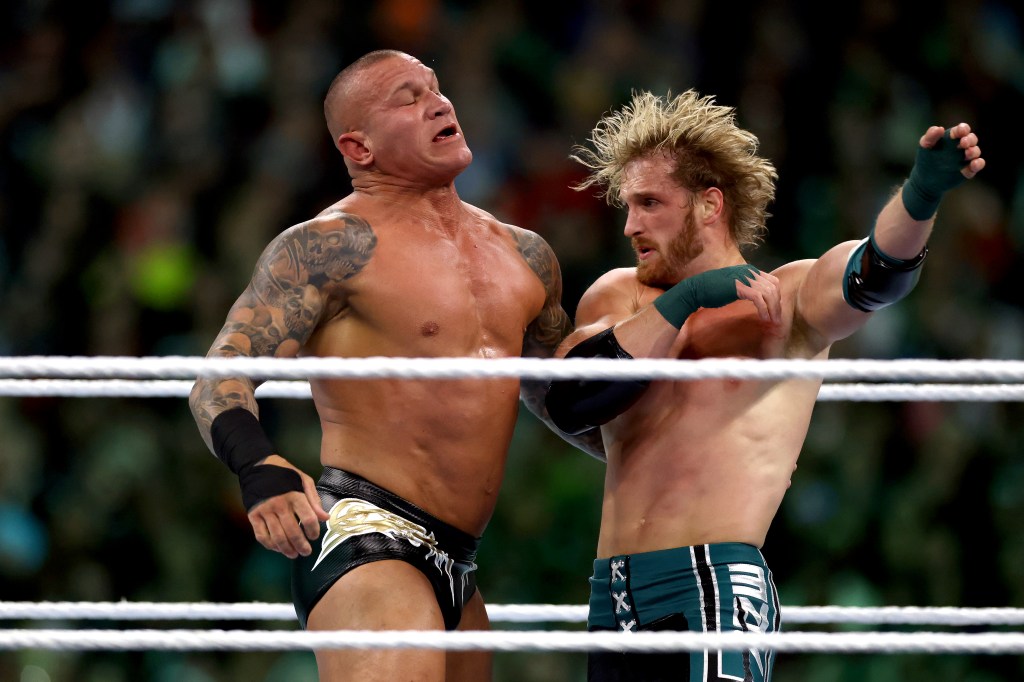 Logan Paul and Randy Orton fight during Wrestle Mania 40 on April 7, 2024.