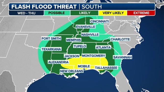 A look at the flash flood threat in the South through Thursday, April 11, 2024.