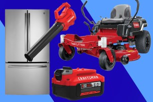 A red lawnmower and a vacuum