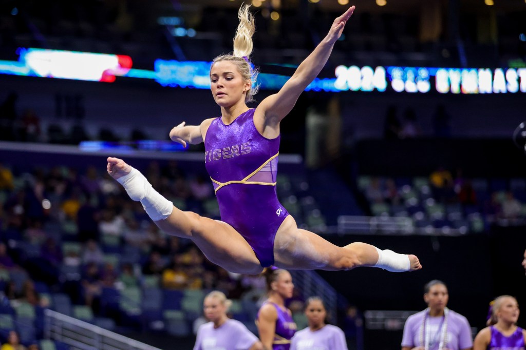 LSU's Olivia Dunne warms up on the floor prior to NCAA Gymnastics action in the SEC Championships at the Smoothie King Center in New Orleans on March 23, 2024.