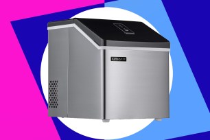 A silver and black ice maker