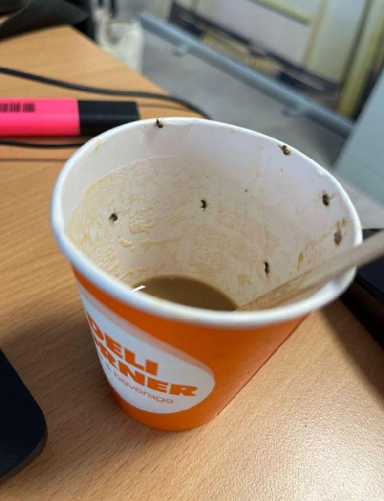 After drinking half if the coffee, she noticed “little antennas and wings” peaking out of the liquid and clinging to the cup's side.