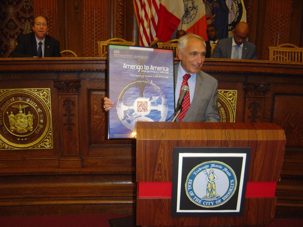 Sciame speaking at the Italian-American Heritage & Culture Month celebration at Brooklyn Borough Hall in 2012.