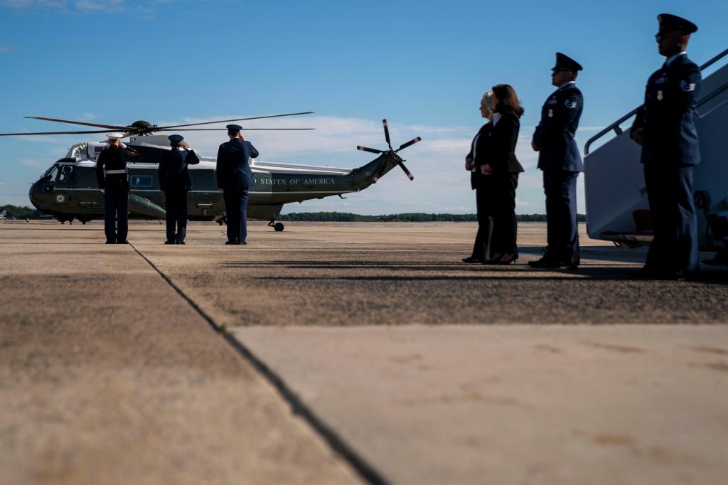 Marine Two, carrying Vice President Kamala Harris and Second Gentleman Doug Emhoff who are traveling to Buffalo, NY for the funeral of Ruth Whitfield, arrives at Joint Base Andrews on Saturday, May 28, 2022 in Joint Base Andrews, MD.